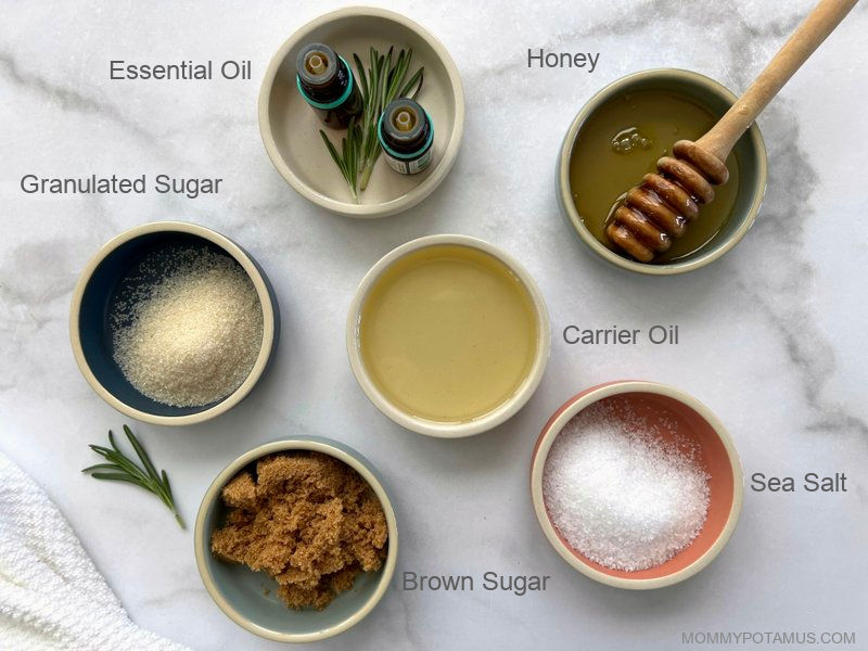 DIY foot scrub ingredients in individual bowls on kitchen counter