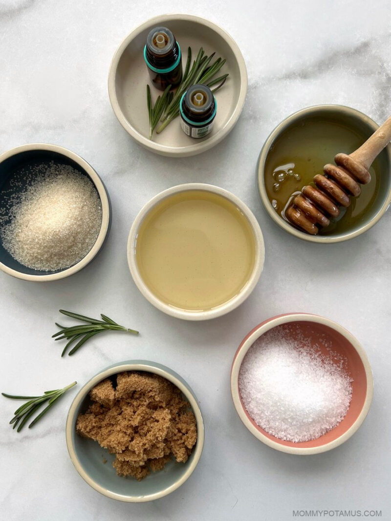 Overhead view of foot scrub ingredients in individual bowls