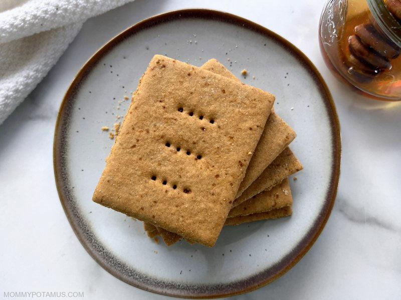 Second view of homemade gluten-free graham crackers on plate