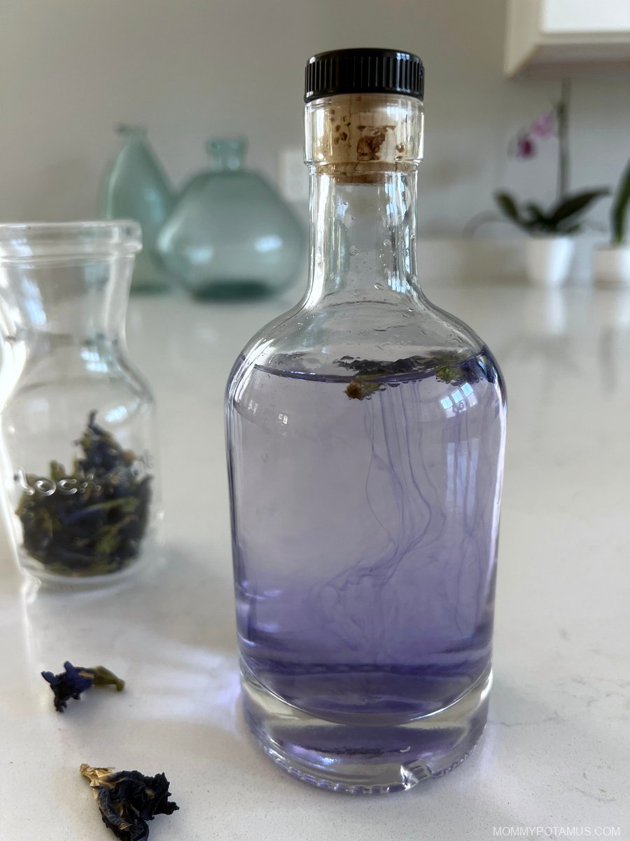 Butterfly pea facial toner in the process of infusion. The toner is changing from clear to purple. 