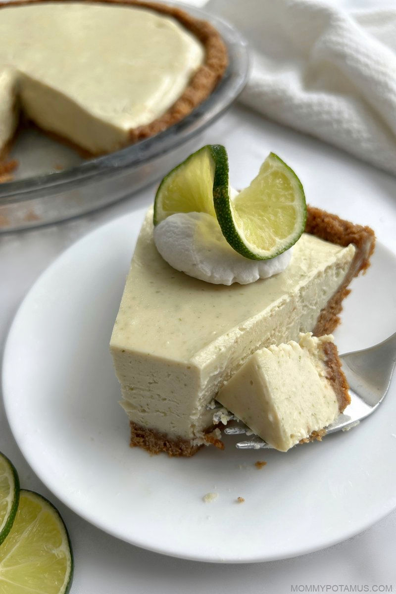 Overhead view of key lime pie slice