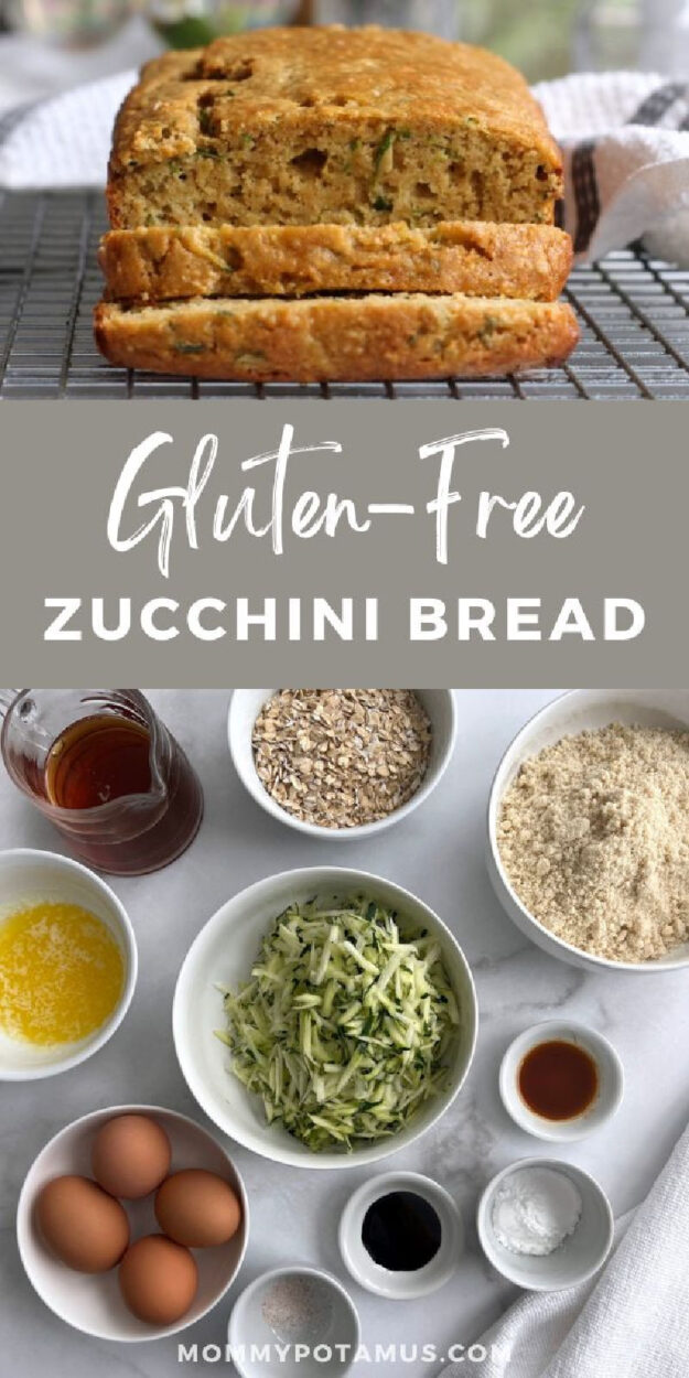 Finished gluten-free zucchini bread along with individual ingredients