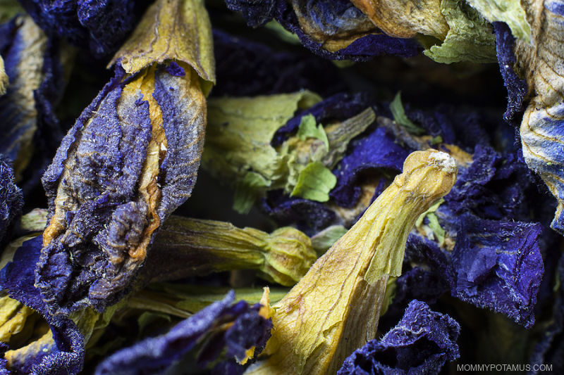 Up close image of dried butterfly pea flowers