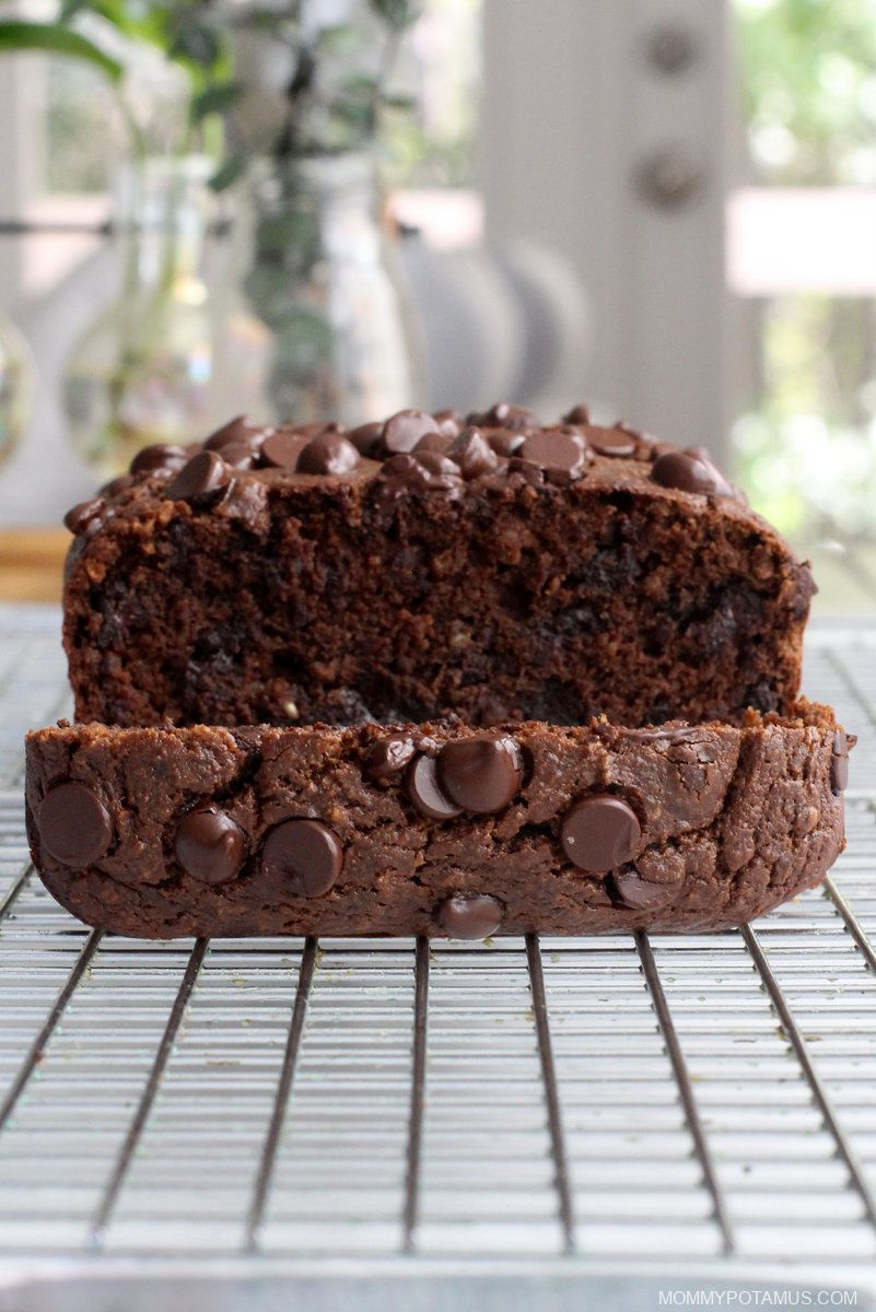 Up close vertical view of chocolate zucchini bread.