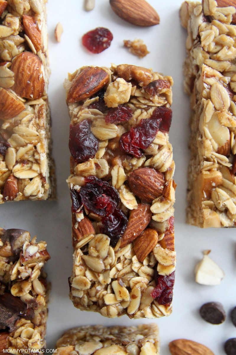 Close up view of granola bar with dried cranberries