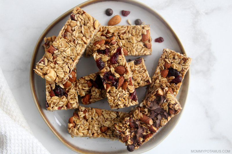 Granola bars piled on a plate