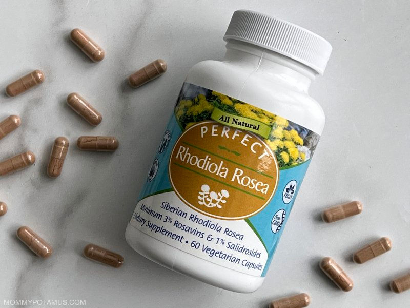Rhodiola rosea capsules on kitchen counter
