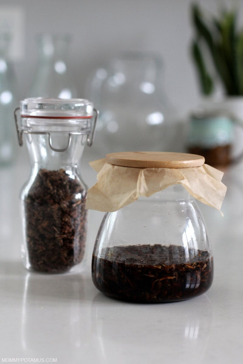 Up close view of rhodiola tincture in glass bottle