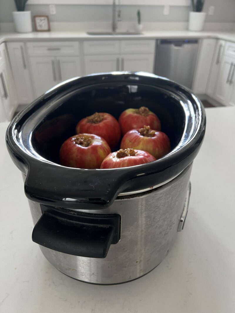 Overhead view of apples in slow cooker