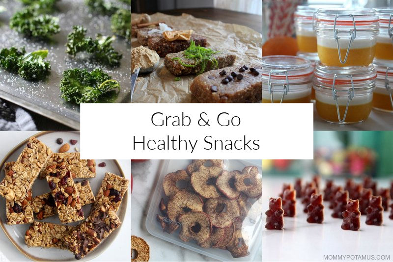 Collage of healthy snacks: Granola bars, homemade jello, dried apple chips, gummy snacks and kale chips