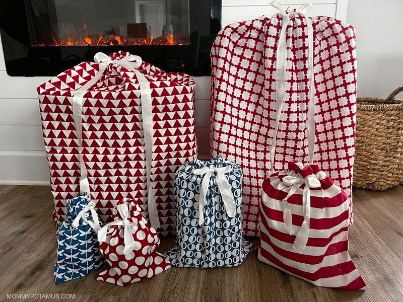 Up close view of eco-friendly, reusable cloth gift bags