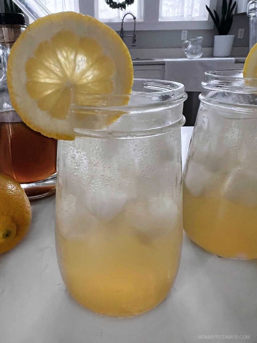 Up close view of bubbly elderflower soda