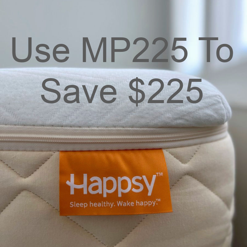 Happsy mattress photo with coupon code text laid over 