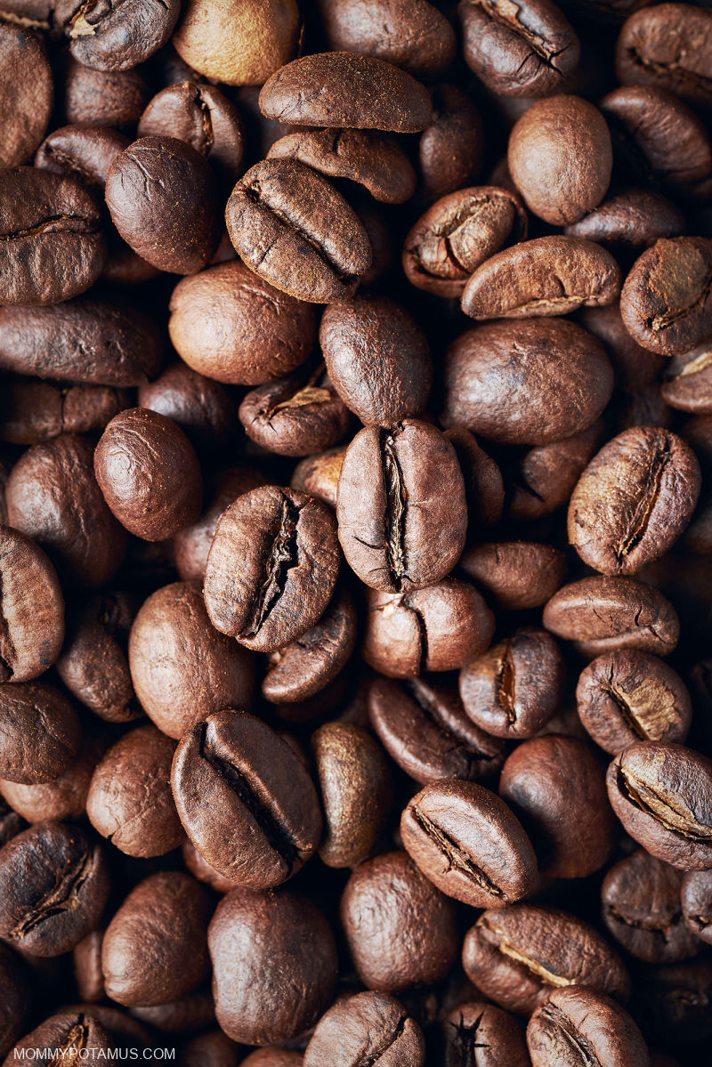 Up close view of roasted coffee beans