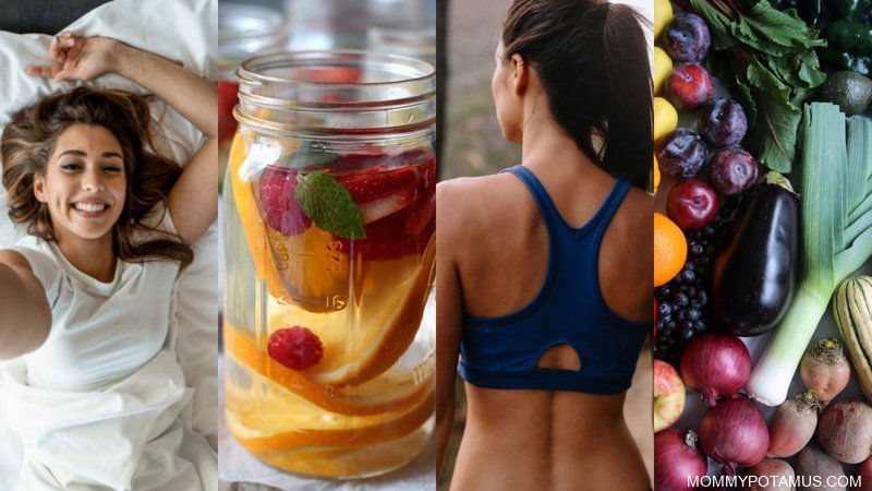 Woman in bed, glass of water with orange slices, woman in exercise clothes, fruits and veggies