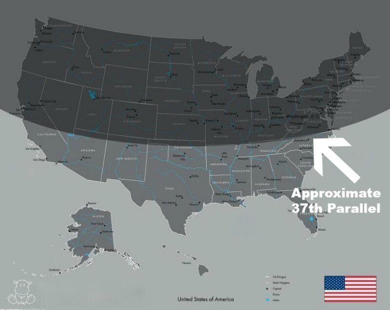 Map of the U.S. 37th parallel related to vitamin D synthesis