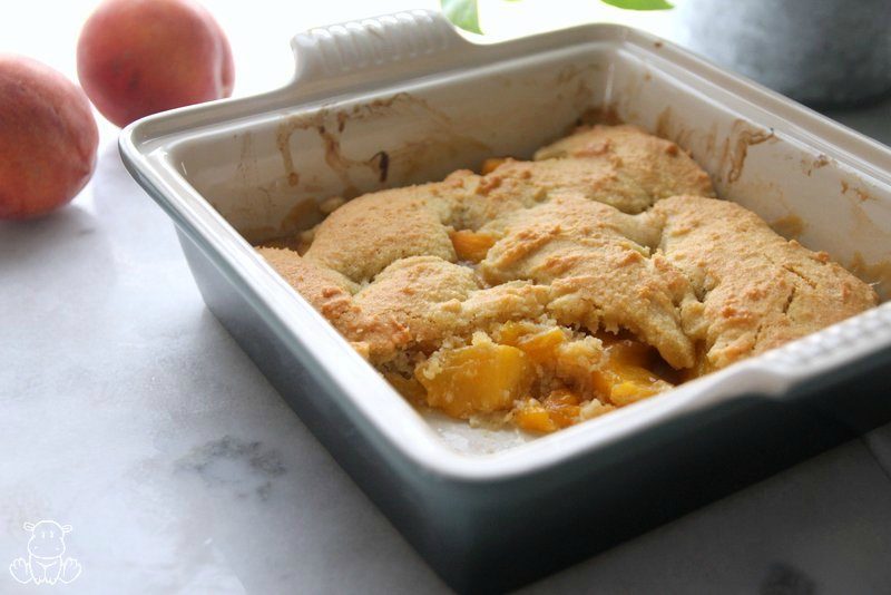 Gluten-free peach cobbler recipe in baking dish