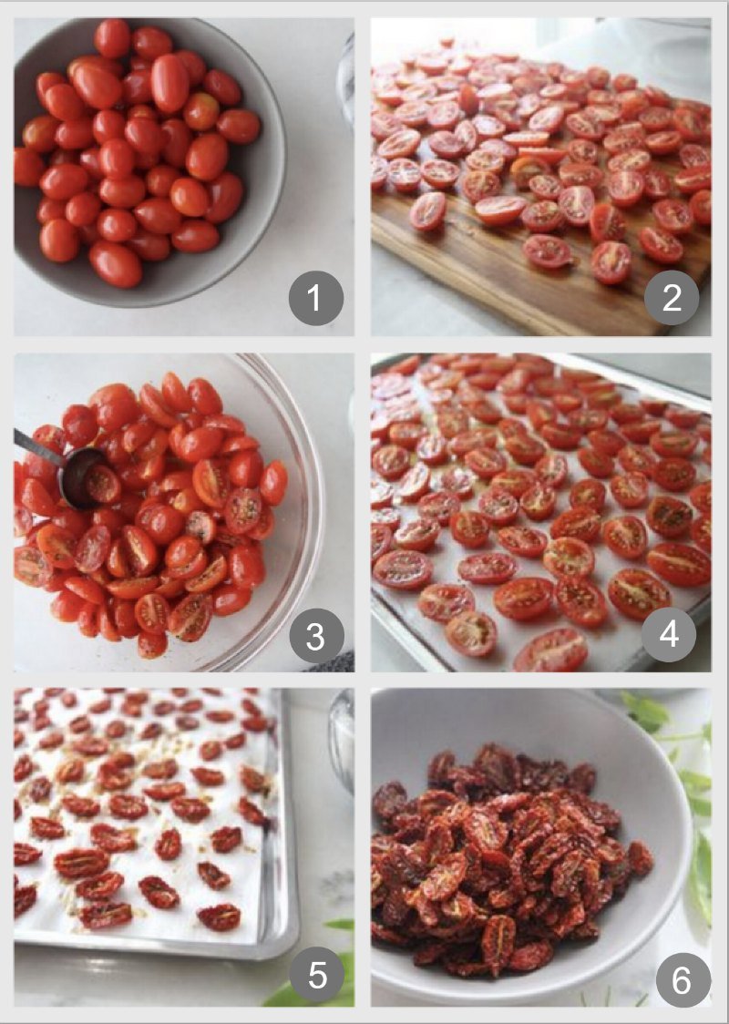 Step-by-step depiction of making oven dried tomatoes