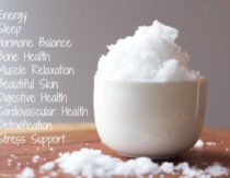 Magnesium flakes on table with list of benefits such as muscle relaxation, stress support, and gut health
