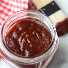 Maple chipotle BBQ sauce in jar on table