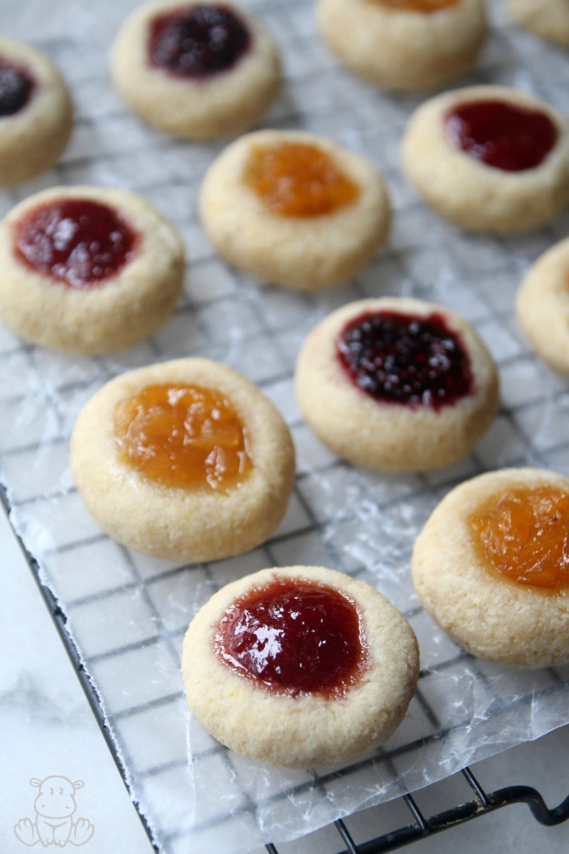 Thumbprint cookies on wire baking rack